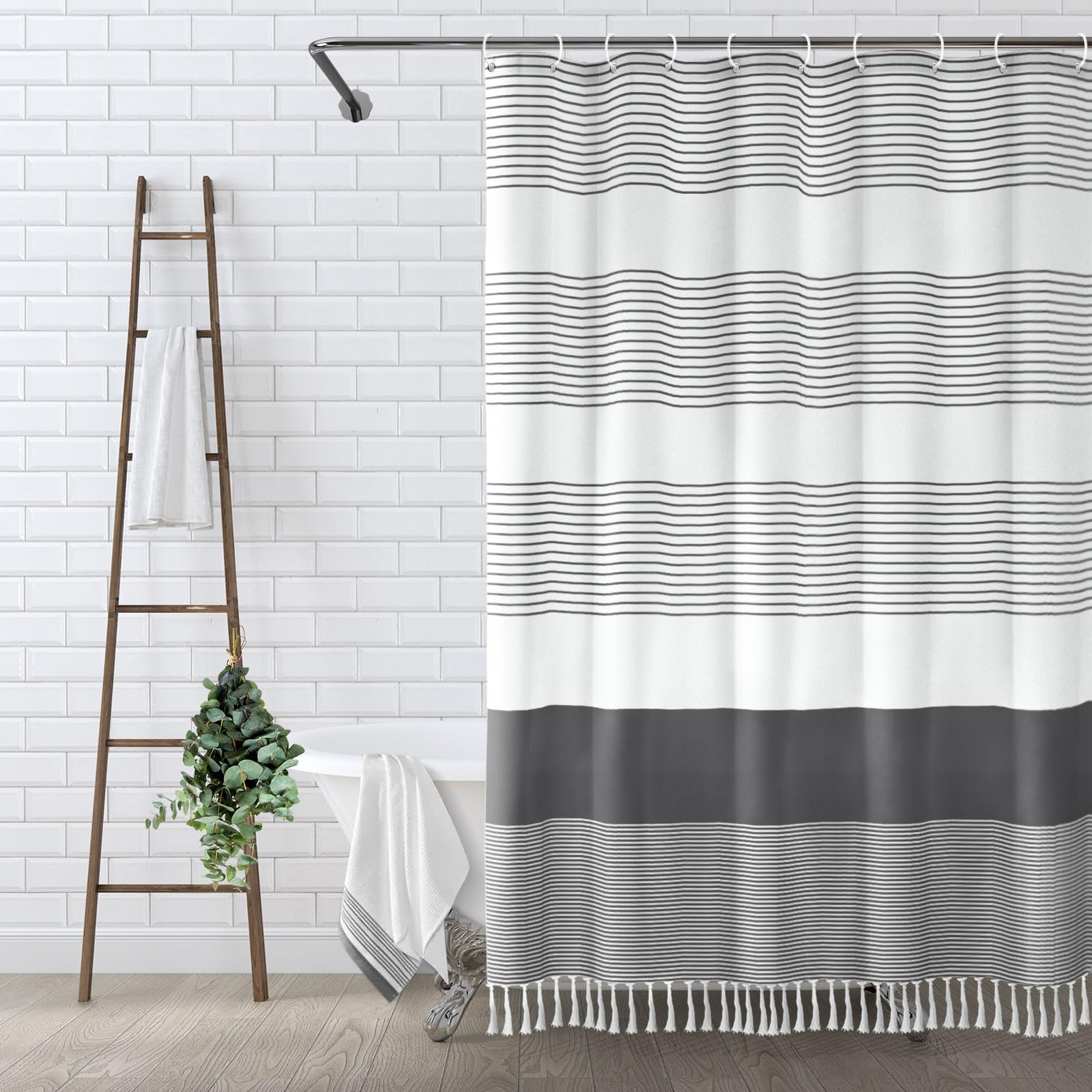 Awellife Gray Shower Curtain For Bathroom Stripe Tassel Shower Curtain 84 X 72 Farmhouse Linen Boho Dark Grey